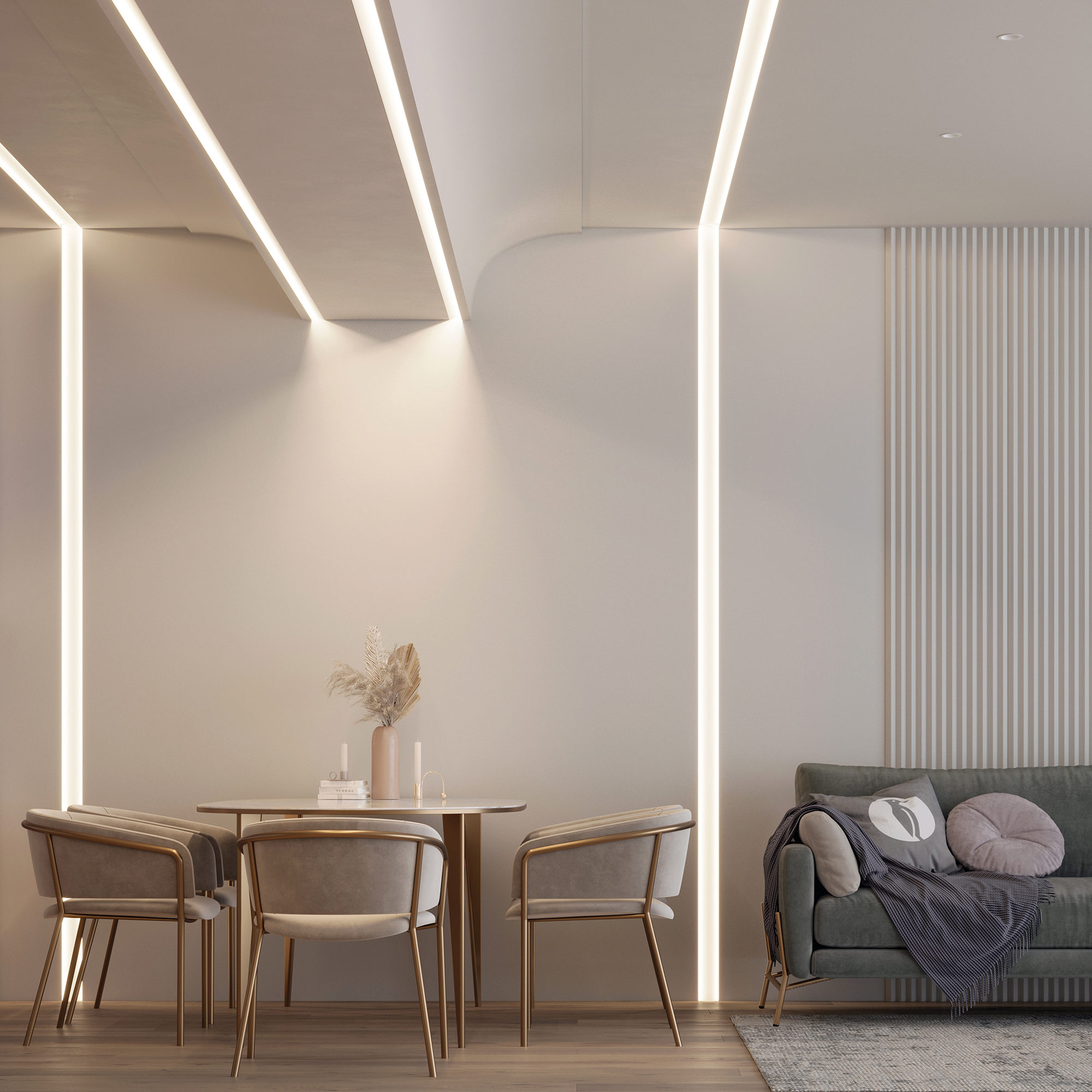 Студия с зонированием линиями света Студия с зонированием линиями света